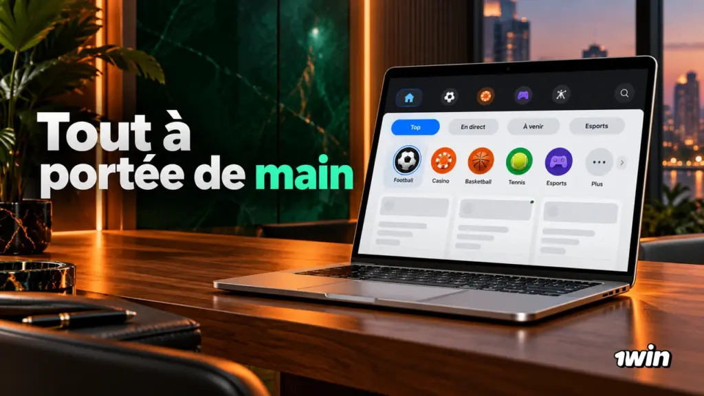 Ordinateur portable avec catégories de sports et onglets de navigation.